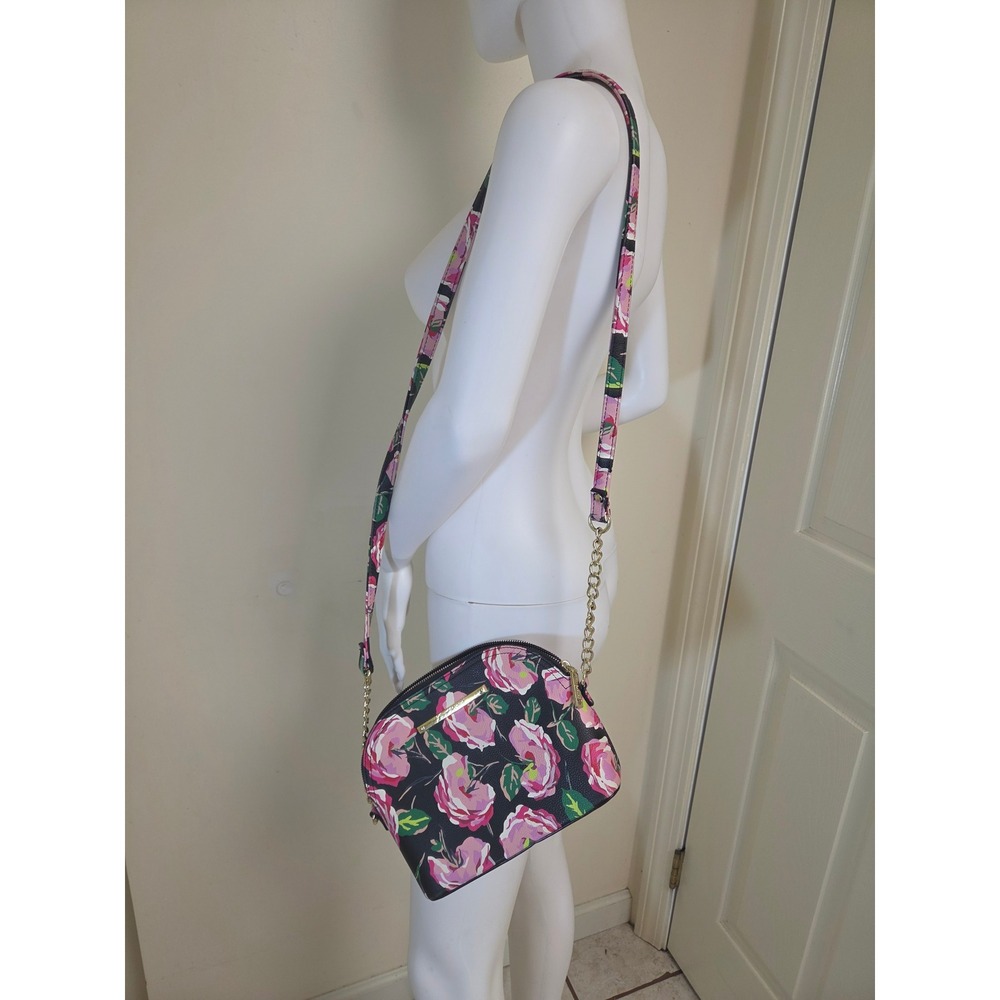 Betsey Johnson Black Pink Floral Rose Dome Crossbody Bag Gold Chain Strap